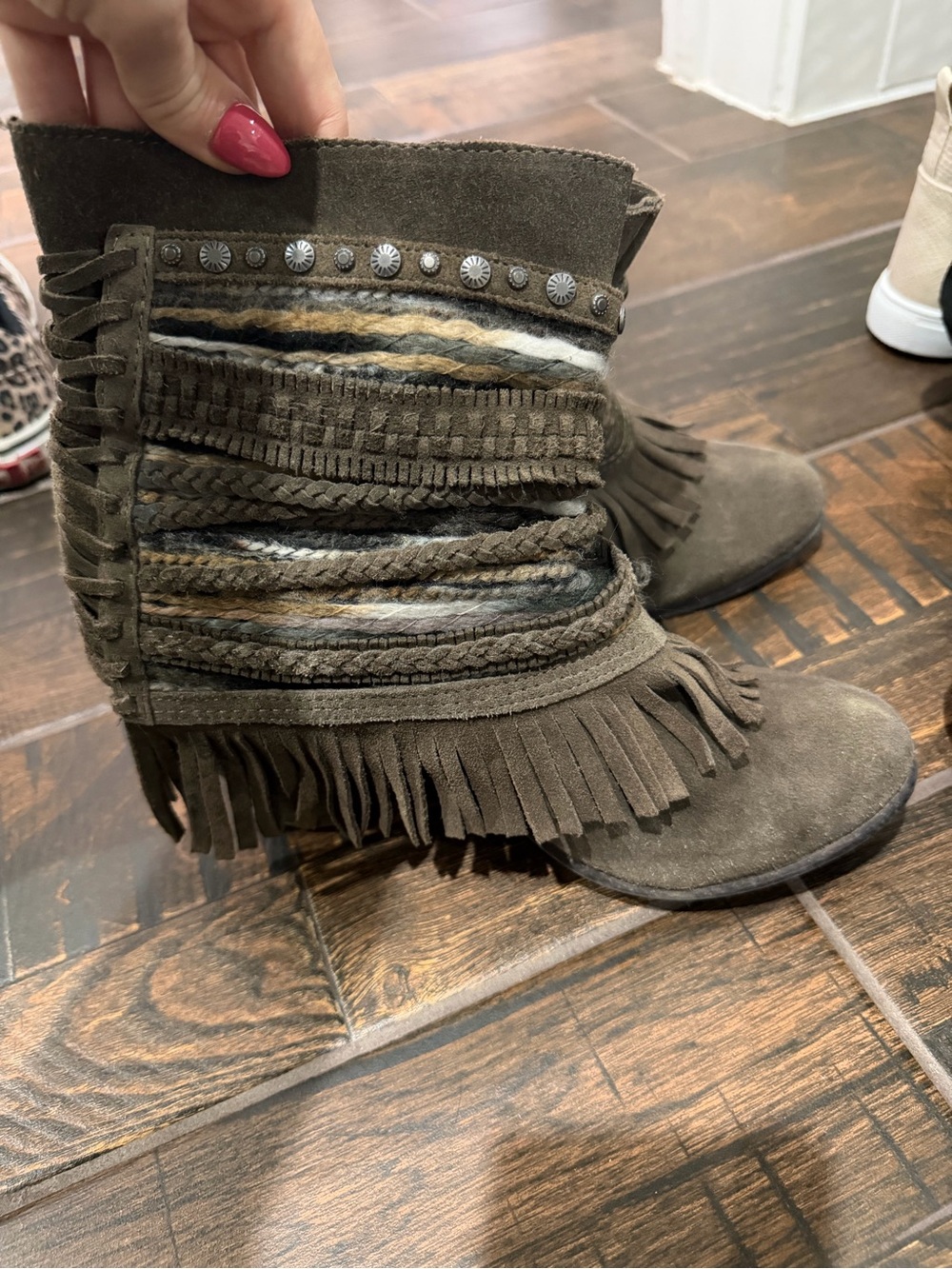 Fringe Suede Ankle Boots in Olive Brown